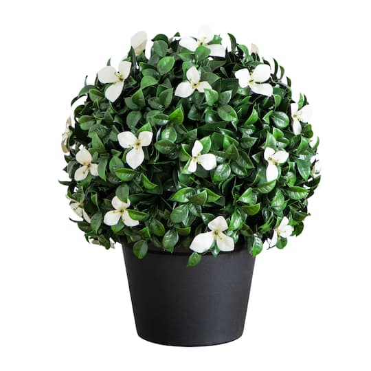 15in. UV Resistant Artificial Boxwood and Gardenia Topiary Plant (Indoor/Outdoor) By Nearly Natural in Green/White | 13" x 13" x 15" | Michaels®
